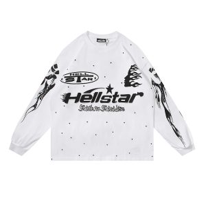White long-sleeve shirt with Hellstar black flame graphic print