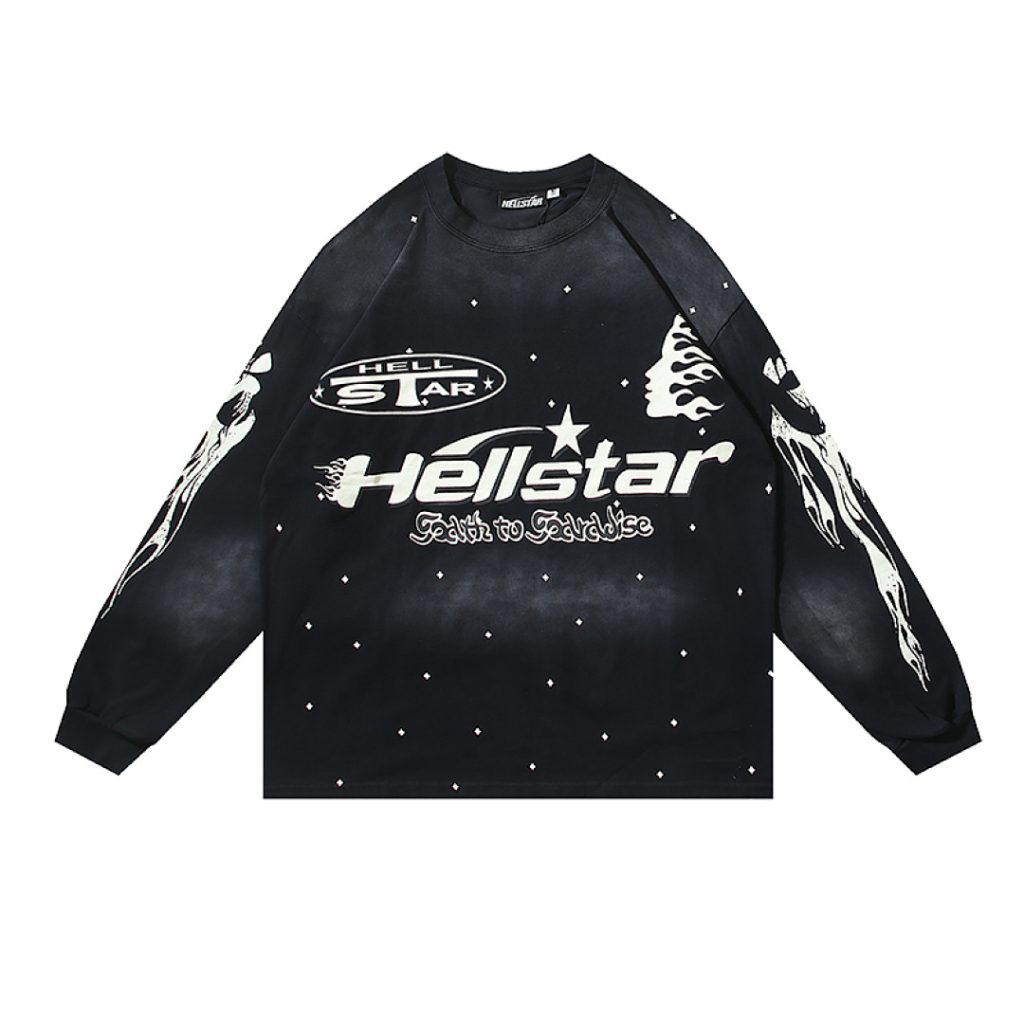 Black long-sleeve shirt with Hellstar white flame graphic print