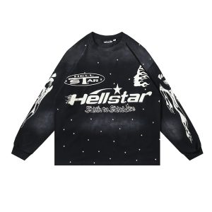 Black long-sleeve shirt with Hellstar white flame graphic print