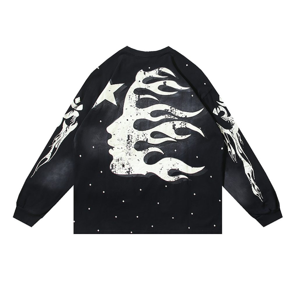 Black long-sleeve shirt with Hellstar white flame graphic print